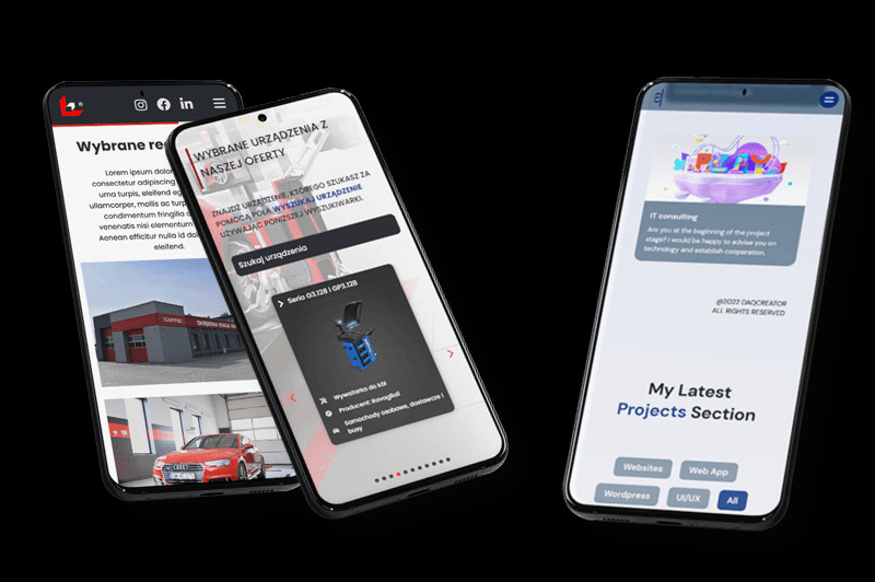 Prezentacja responsywnych stron WWW i aplikacji mobilnych na trzech smartfonach z różnymi układami i funkcjonalnościami interfejsu użytkownika.