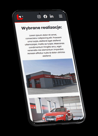 Prezentacja strony mobilnej z portfolio firmy: zdjęcia budynku warsztatu samochodowego i czerwonego Audi. Widoczne ikony social media w nagłówku.