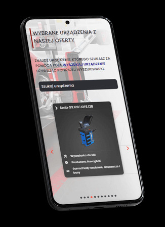 Ekran smartfona prezentuje interfejs wyszukiwarki urządzeń, z wyróżnioną wyważarką do kół serii G3.128/GP3.128 producenta Ravaglioli dla samochodów osobowych.