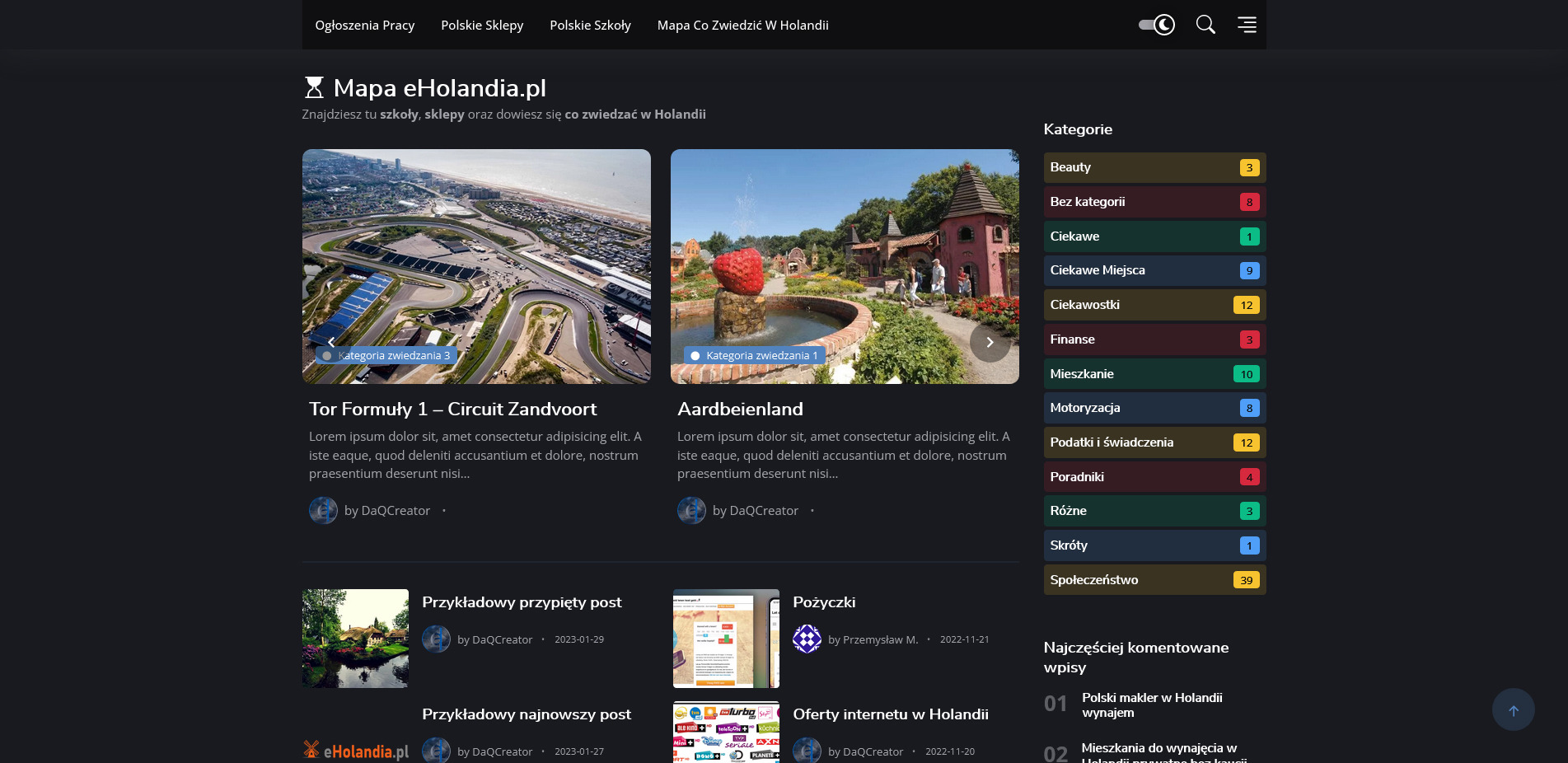 Strona internetowa Mapa eHolandia.pl z kategoriami i postami o ciekawych miejscach, sklepach i szkołach w Holandii. Widok na Tor Formuły 1 i Aardbeienland.