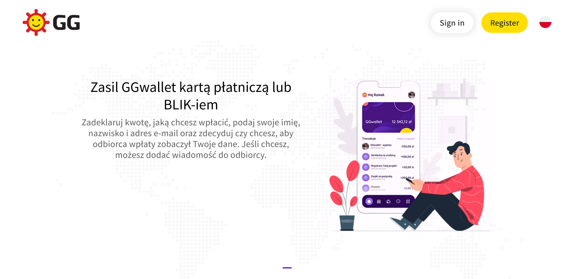 Ilustracja: Osoba z telefonem prezentuje interfejs aplikacji GGwallet z transakcjami. Tekst informuje o zasileniu portfela kartą lub BLIK-iem. W tle subtelna mapa świata.