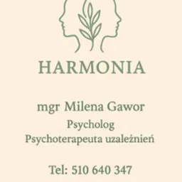 Logo gabinetu Harmonia: dwie głowy w profilu z roślinnym motywem, imię i nazwisko mgr Mileny Gawor, specjalizacje i numer telefonu na beżowym tle.
