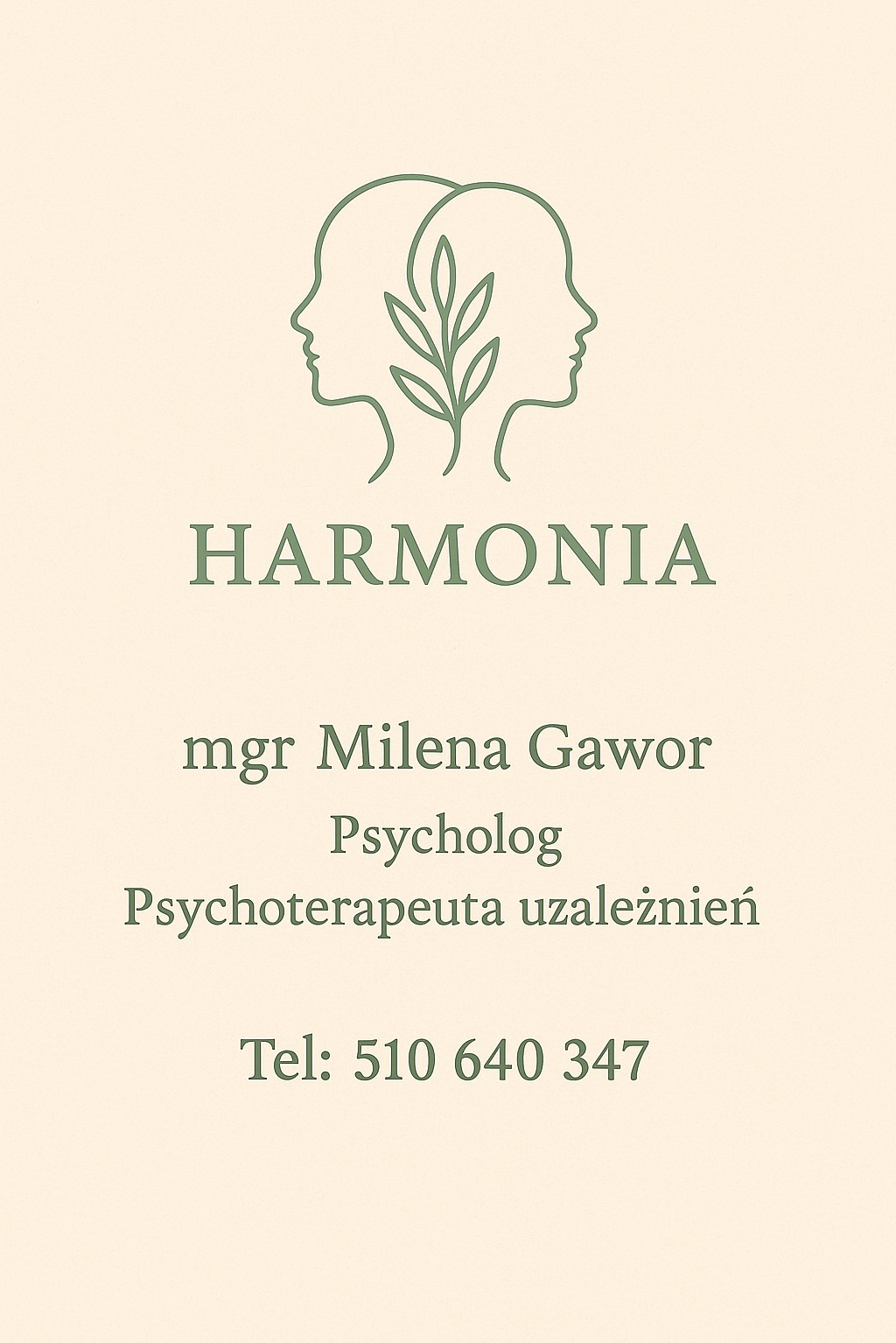 Logo gabinetu Harmonia: dwie głowy w profilu z roślinnym motywem, imię i nazwisko mgr Mileny Gawor, specjalizacje i numer telefonu na beżowym tle.