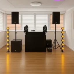 Profesjonalne nagłośnienie i oświetlenie eventowe: kolumny, subwoofer, reflektory na statywach i konsoleta DJ-ska w przestronnym wnętrzu z drewnianą podłogą.