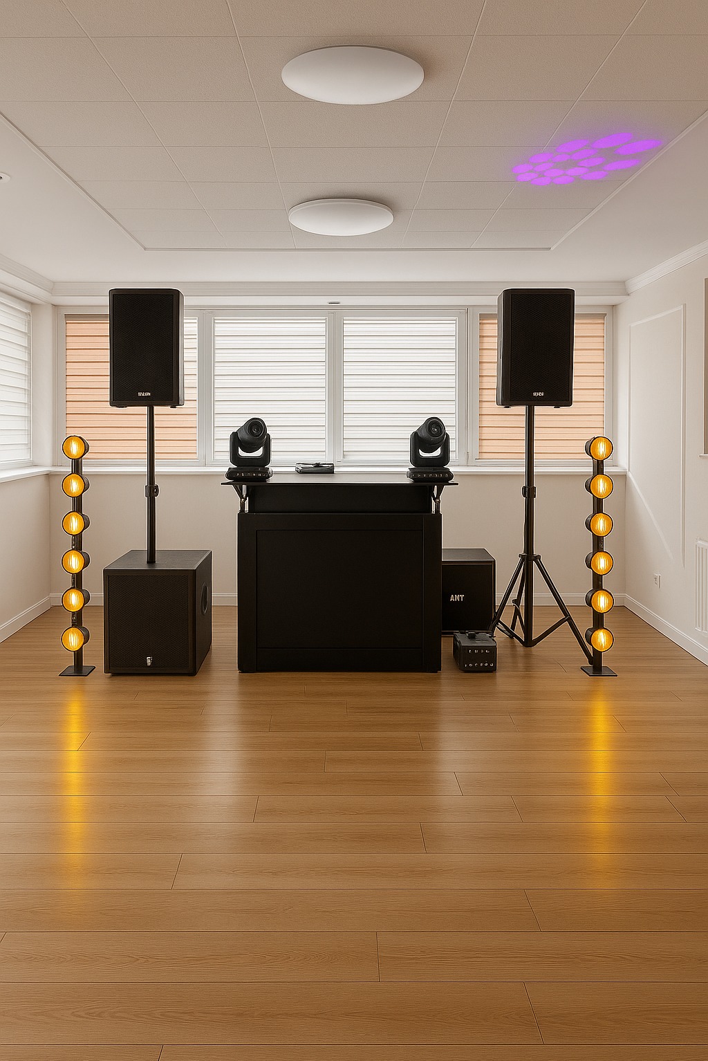 Profesjonalne nagłośnienie i oświetlenie eventowe: kolumny, subwoofer, reflektory na statywach i konsoleta DJ-ska w przestronnym wnętrzu z drewnianą podłogą.