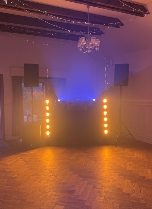 Scena z nagłośnieniem i oświetleniem w pomarańczowo-niebieskiej tonacji, dwa głośniki na statywach i kolumny świetlne po bokach, parkiet na podłodze, żyrandol na suficie.