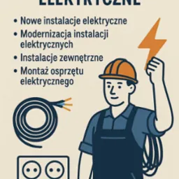 Ilustracja: Elektryk w kasku trzyma kabel, obok gniazdko i błyskawica. Napis: Elektro-instalacje elektryczne, nowe i zewnętrzne instalacje, montaż osprzętu.