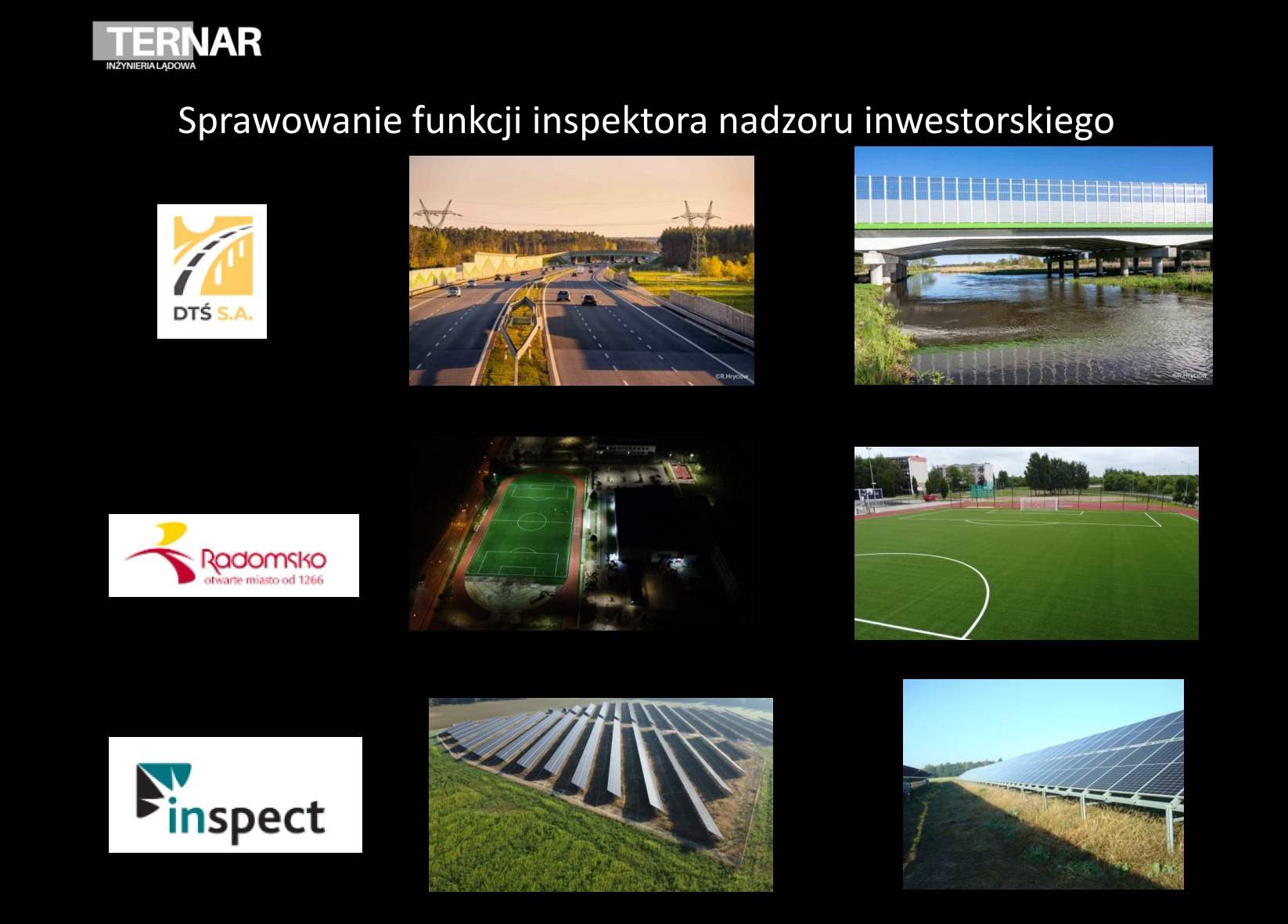 Prezentacja firmy inżynieryjnej: logo, autostrada, most, boisko sportowe nocą i w dzień, panele słoneczne. Nadzór inwestorski w infrastrukturze.