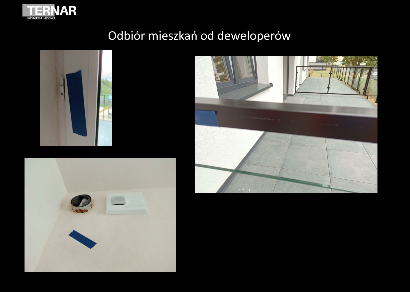 Detale z inspekcji mieszkania: okno z taśmą, wentylacja z rdzą, balkon z szarą podłogą. Oddawane mieszkanie od dewelopera.