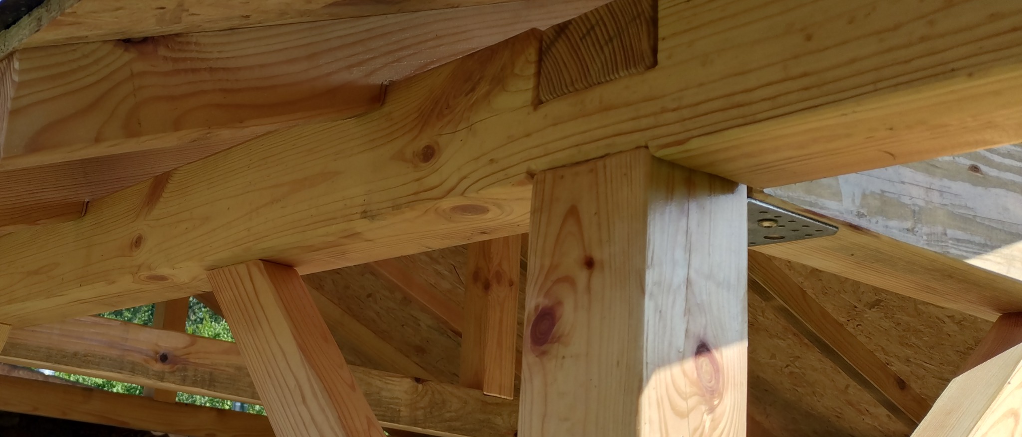 Konstrukcja drewniana z jasnego drewna, widok z dołu, detale połączeń belek i słupów, metalowe łączniki, fragment zieleni w tle.