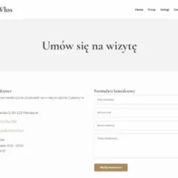 Strona kontaktowa salonu fryzjerskiego Złoty Włos z formularzem rezerwacji wizyty, danymi adresowymi i godzinami otwarcia w minimalistycznej stylistyce.