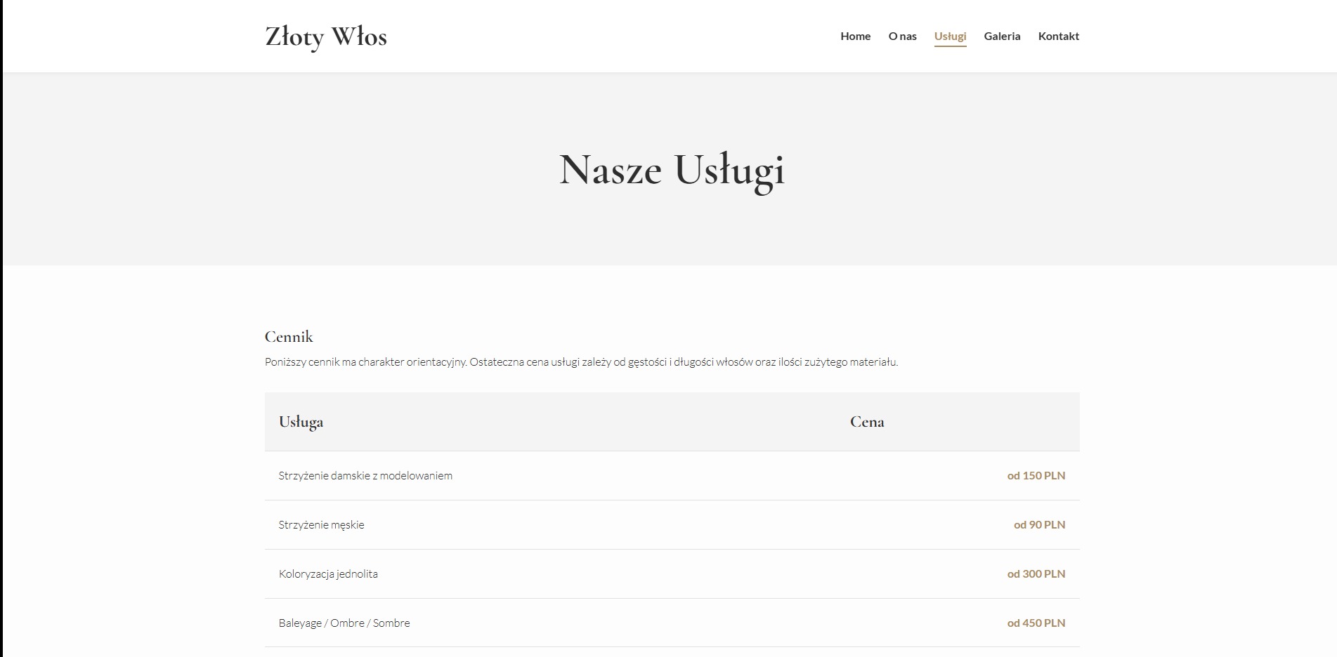 Strona internetowa salonu fryzjerskiego 'Złoty Włos' z cennikiem usług: strzyżenie damskie, męskie, koloryzacja, baleyage. Jasna kolorystyka, minimalistyczny design.