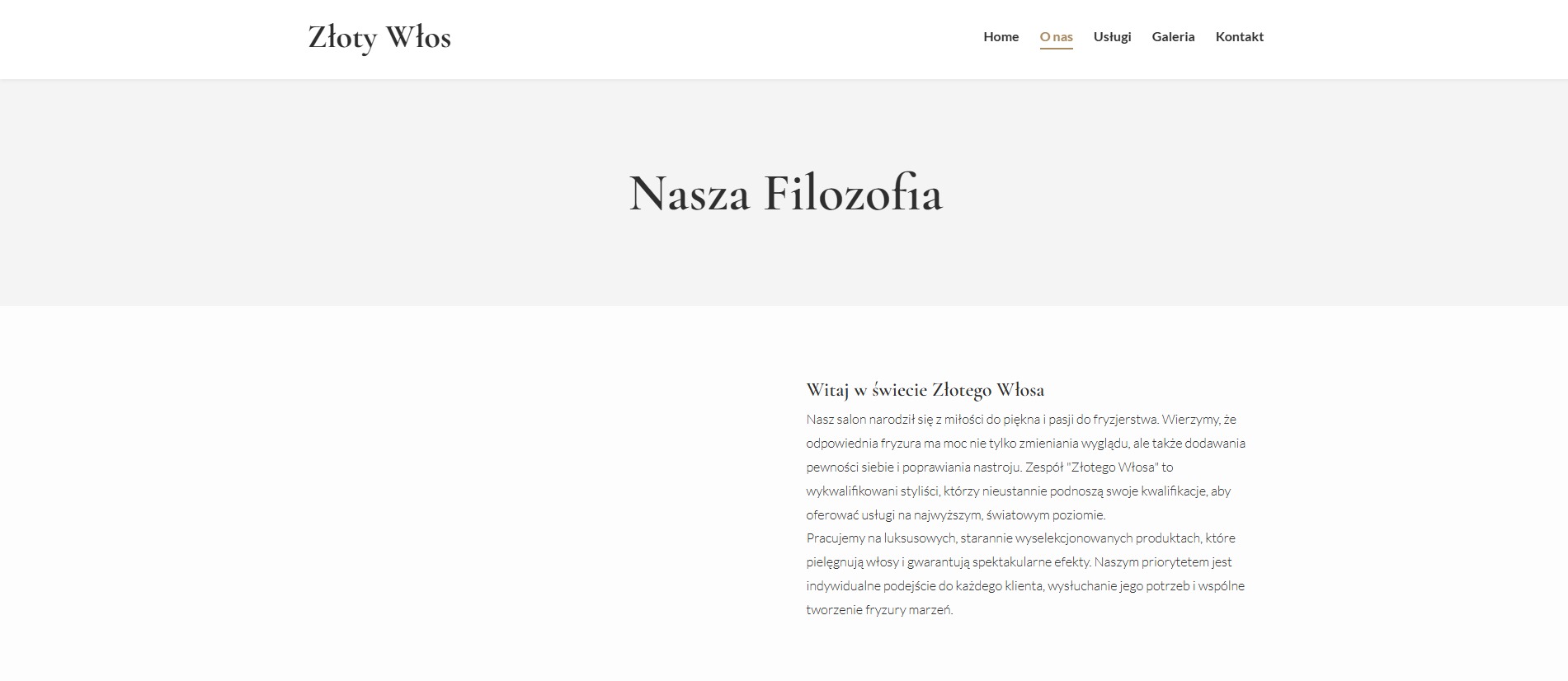 Minimalistyczna strona internetowa salonu fryzjerskiego 'Złoty Włos' z tekstem 'Nasza Filozofia' i opisem misji firmy. Jasna kolorystyka, czytelna typografia.