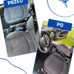 Mini Cooper: Fotel kierowcy przed i po czyszczeniu, widoczne wyraźne kontrasty. Tapicerka odświeżona, usunięte zabrudzenia. Efekt 'Pachnie Czystością'.