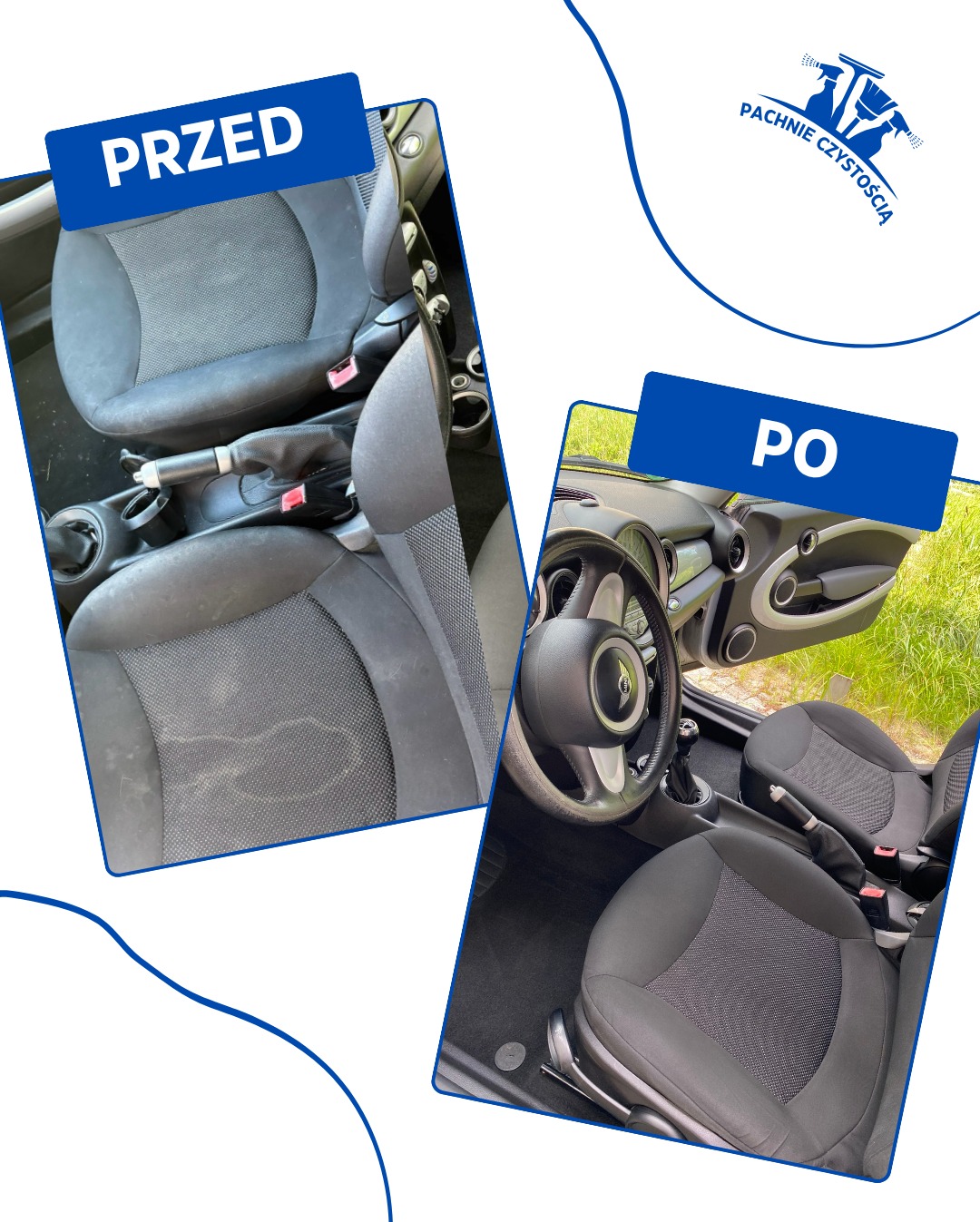 Mini Cooper: Fotel kierowcy przed i po czyszczeniu, widoczne wyraźne kontrasty. Tapicerka odświeżona, usunięte zabrudzenia. Efekt 'Pachnie Czystością'.