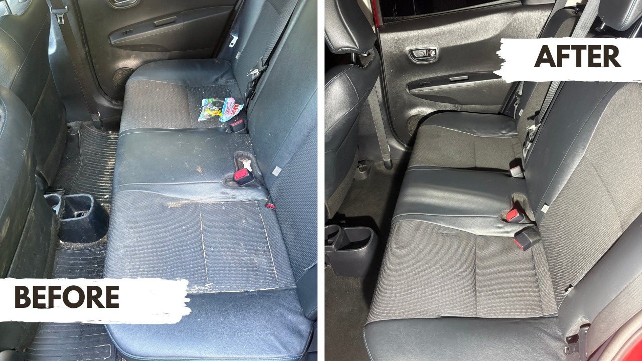 Tapicerka samochodowa: porównanie stanu przed i po czyszczeniu. Lewa strona: brudna, prawa: czysta. Widoczne pasy bezpieczeństwa i fragmenty podłogi.