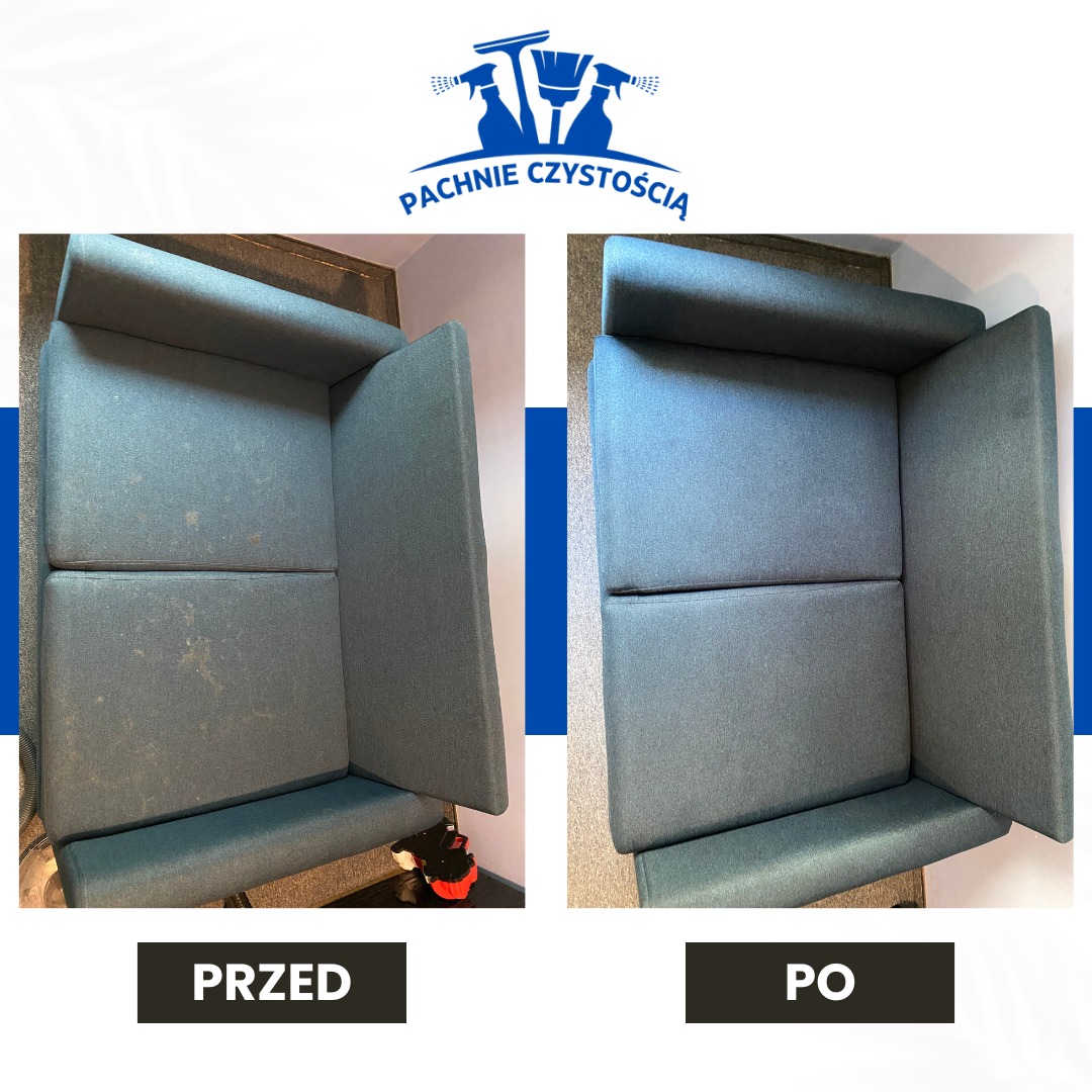 Kabinowy fotel biurowy z szarej tapicerki: widok przed i po czyszczeniu. Po lewej stronie widoczne plamy i zabrudzenia, po prawej - czysty i odświeżony materiał.