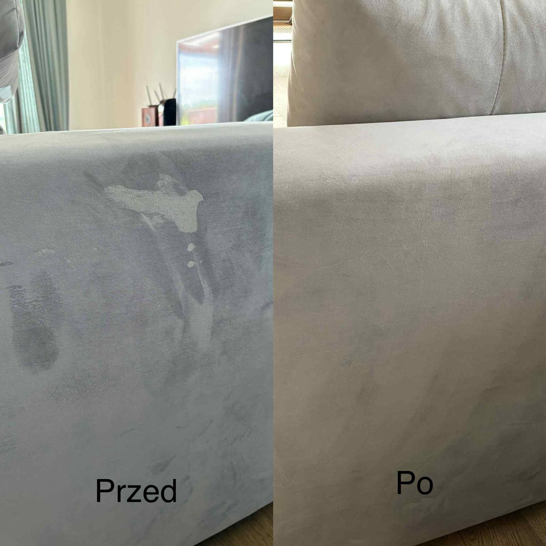 Tapicerka kanapy przed i po czyszczeniu. Po lewej widoczne plamy, po prawej - jednolity, czysty materiał. Prezentacja efektu usługi prania tapicerki.