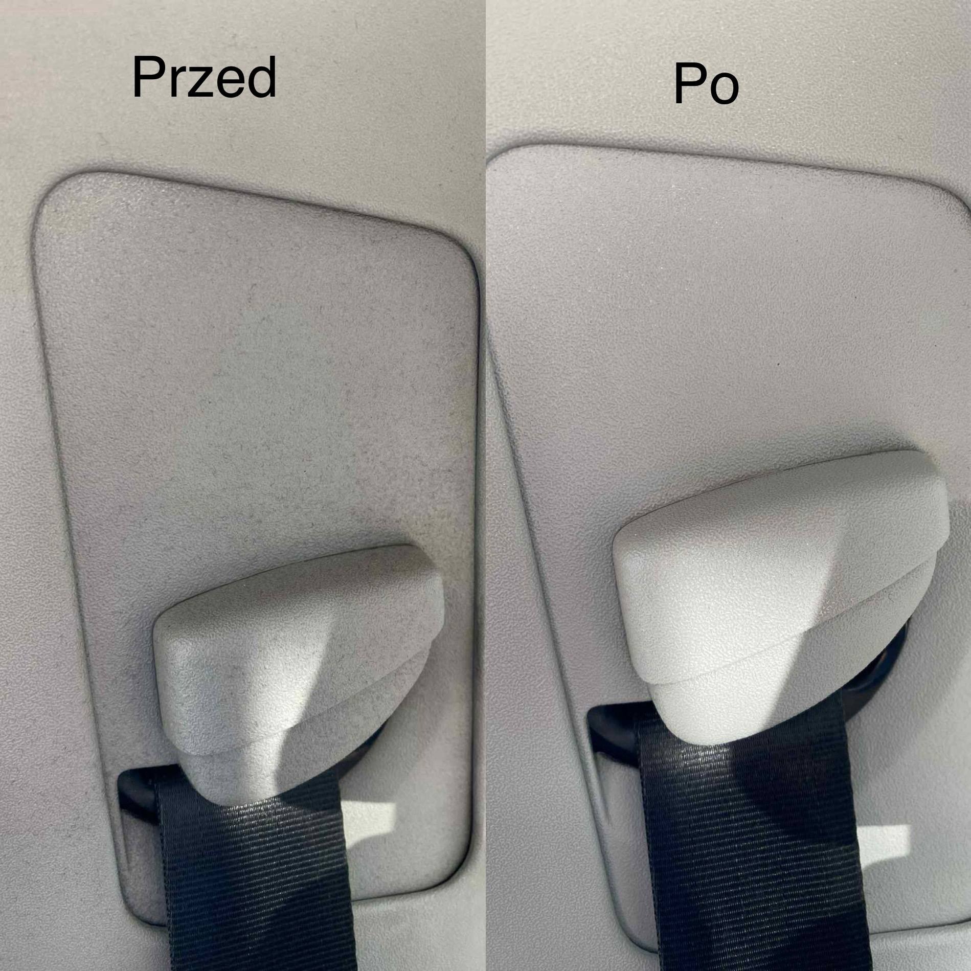Tapicerka samochodowa 'przed' i 'po' czyszczeniu, widoczne mocowanie pasa bezpieczeństwa. Wyraźna różnica w czystości, po prawej stronie jaśniejsza i odświeżona.