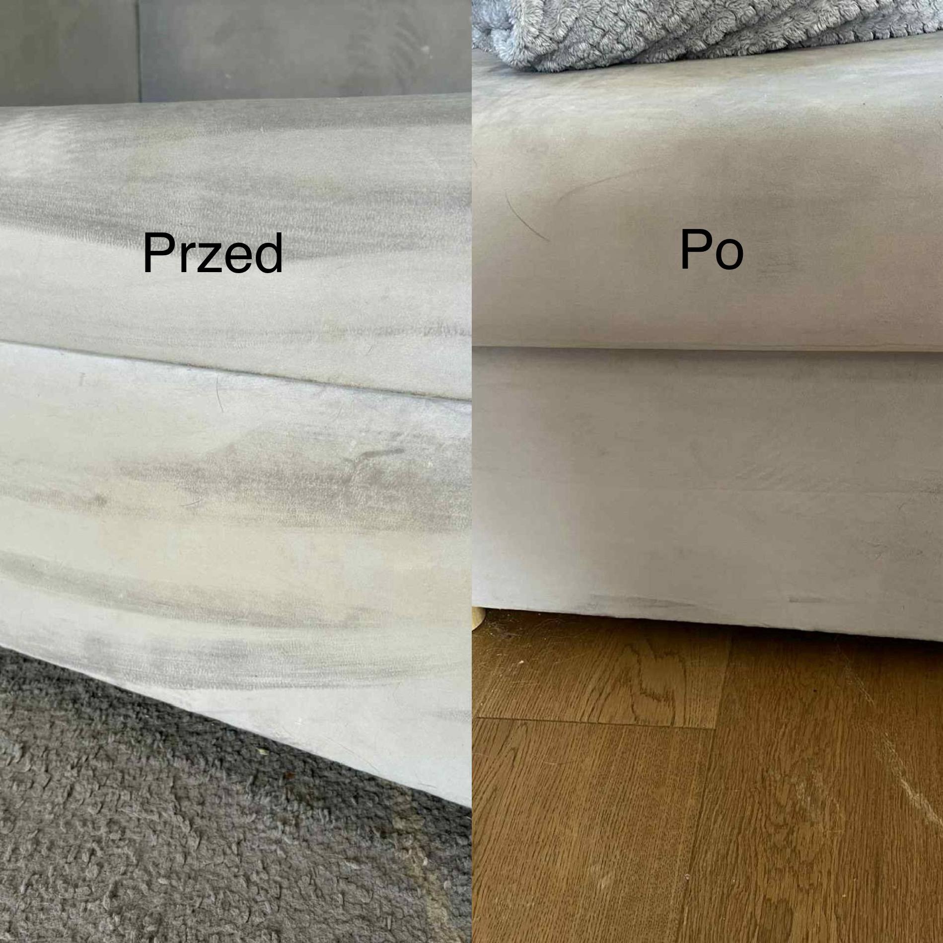 Efekt prania tapicerki: porównanie 'przed' - widoczna plama, i 'po' - czysta, jasna powierzchnia sofy. Tekstura materiału i fragment podłogi.