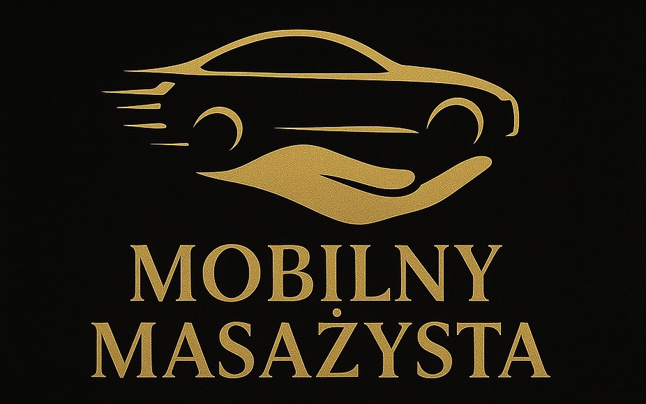 Złoty logotyp: auto w dłoni, napis 'Mobilny Masażysta' na czarnym tle. Symbolizuje dojazdowy masaż, komfort i profesjonalizm.