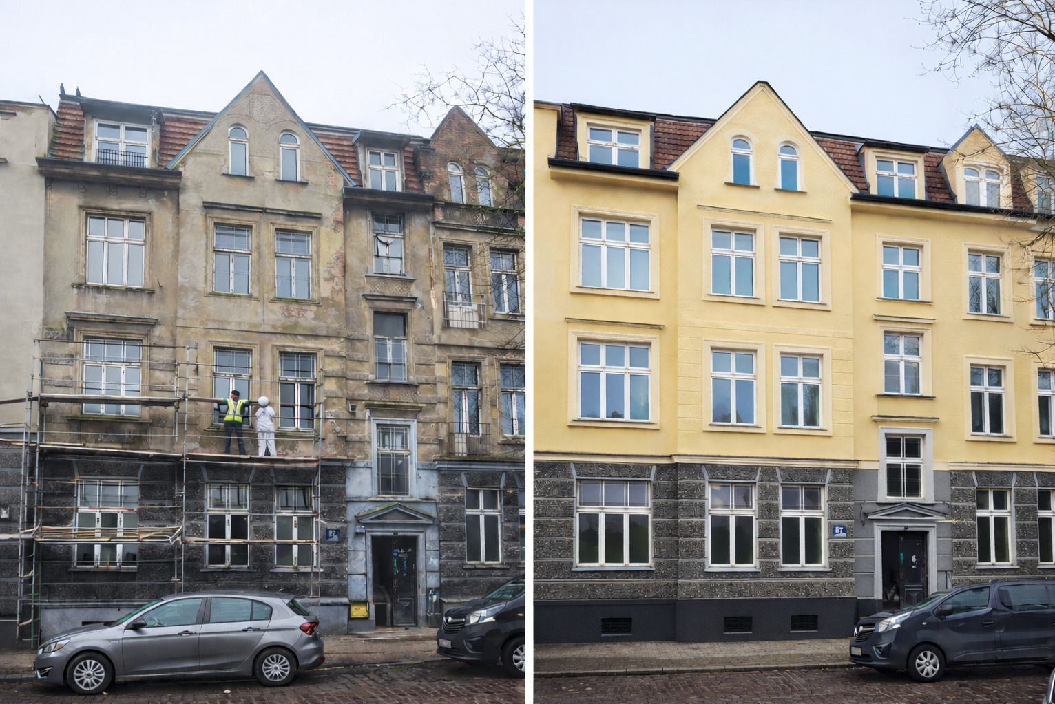 Kamienica przed i po renowacji elewacji. Po lewej budynek ze zniszczoną fasadą, po prawej odnowiony, pomalowany na żółto z szarym cokołem. Na rusztowaniu pracownicy.