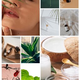 Bartosz Tokarczyk - Kompozycja z bliska: twarz kobiety z zamkniętymi oczami, przesłonięta liściem palmy, obok zdjęcia roślin, olejków eterycznych i kokosa, na dole paleta zieleni.