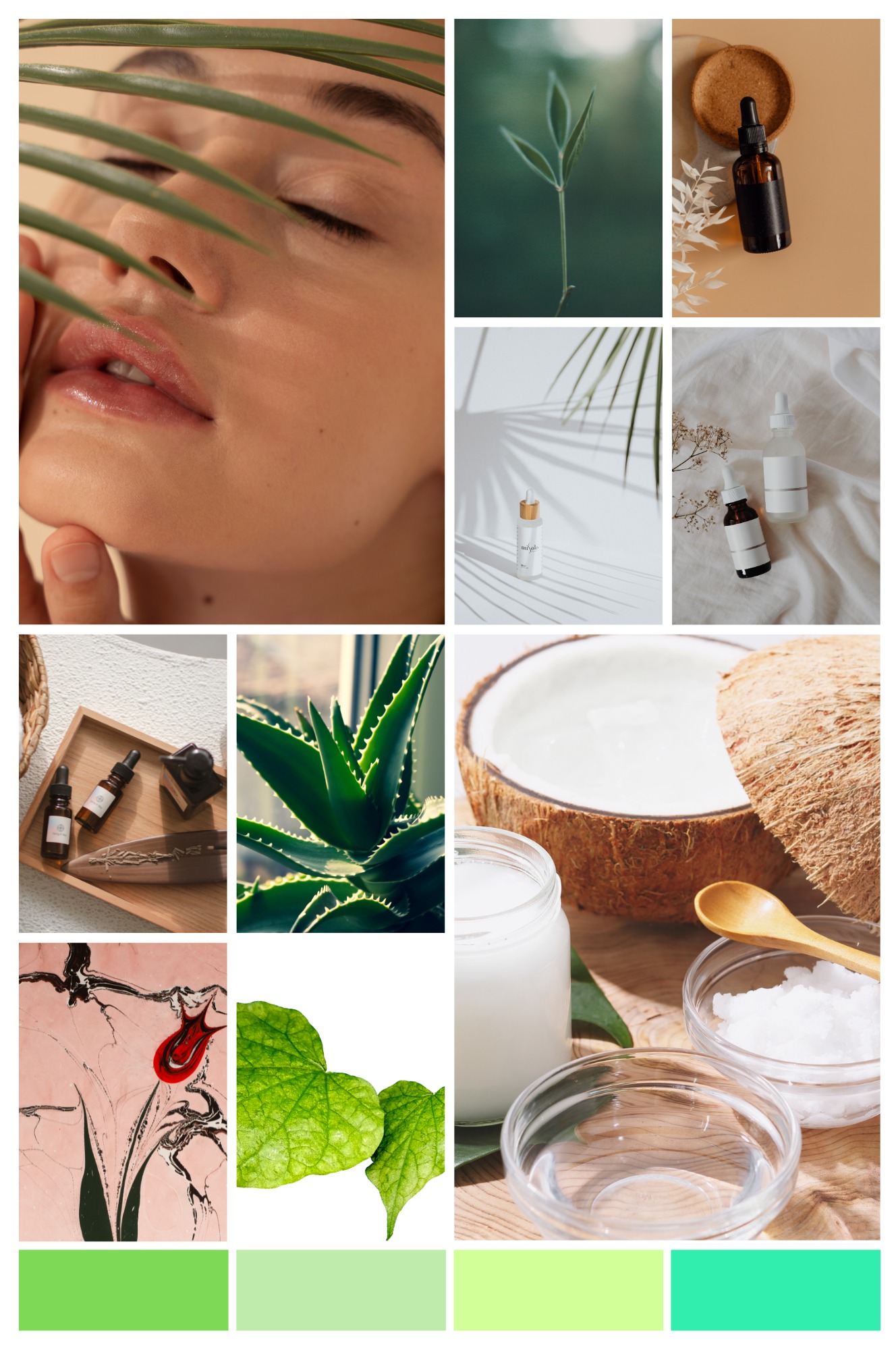Kompozycja z bliska: twarz kobiety z zamkniętymi oczami, przesłonięta liściem palmy, obok zdjęcia roślin, olejków eterycznych i kokosa, na dole paleta zieleni.