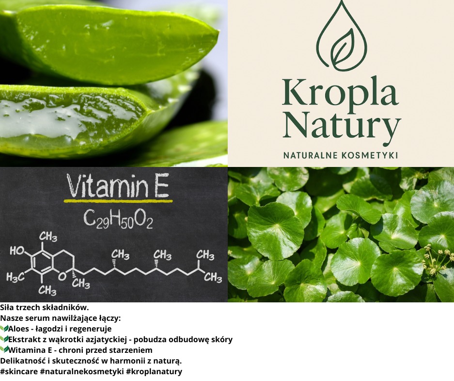 Grafika z logo Kropla Natury, aloesem, wąkrotką azjatycką i wzorem witaminy E. Naturalne kosmetyki, siła trzech składników, serum nawilżające.