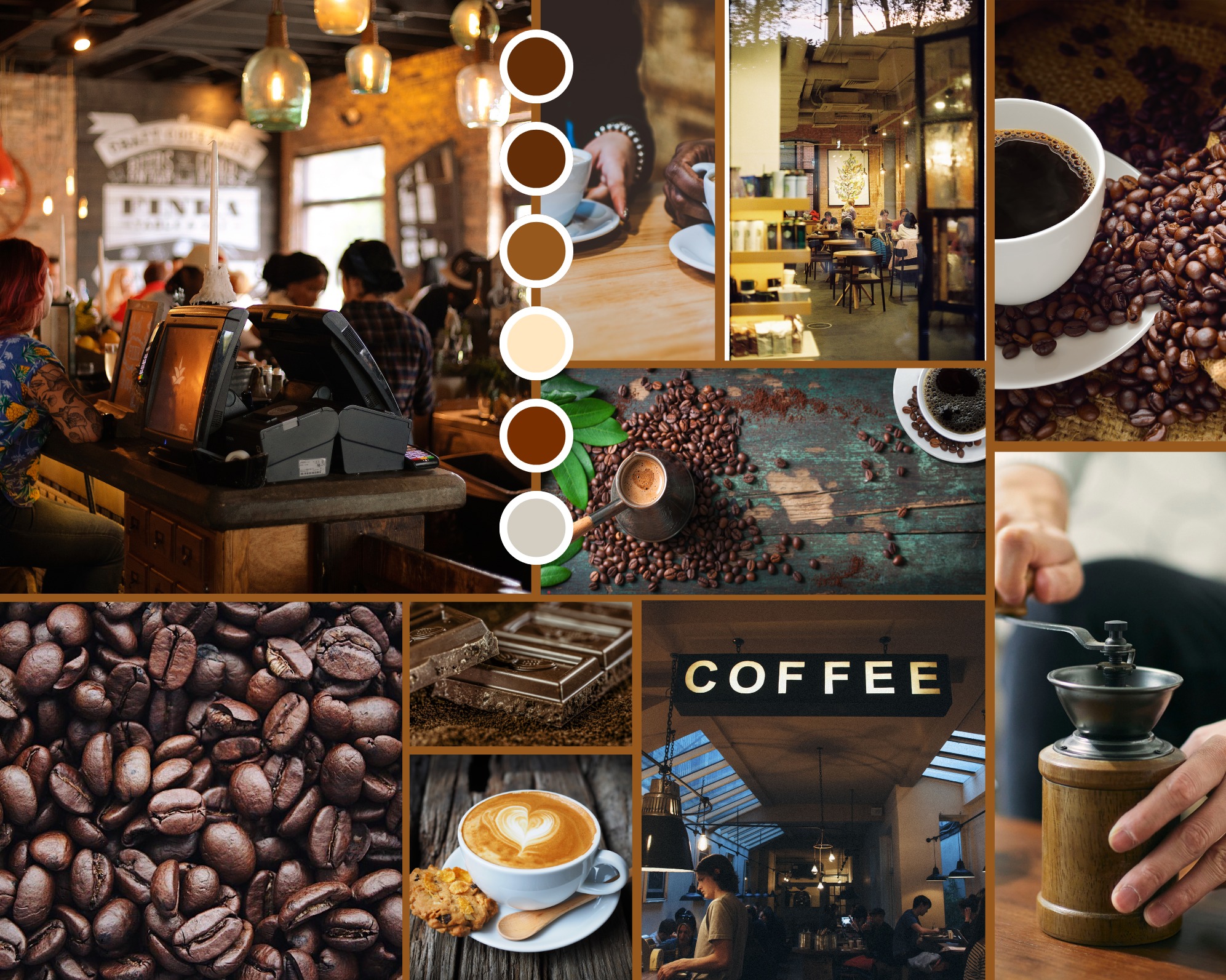 Kolaż zdjęć z kawiarni: wnętrze, ziarna kawy, filiżanki z napojem, młynek do kawy, czekolada. Ciepłe oświetlenie, różnorodność ujęć i detali.