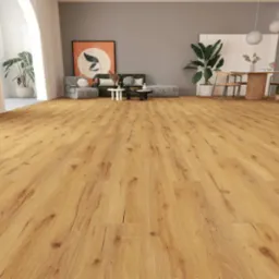 Jasne, drewniane panele podłogowe w przestronnym salonie z elementami wystroju w stylu skandynawskim. Widok na salon z sofą, stolikiem kawowym i roślinami.