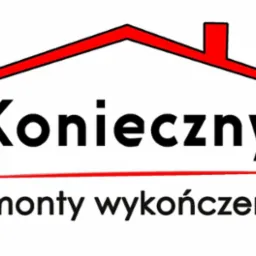 Logo firmy remontowo-wykończeniowej 'Konieczny' z czerwonym obrysem dachu domu nad nazwą i podkreśleniem pod napisem 'remonty wykończenia'.