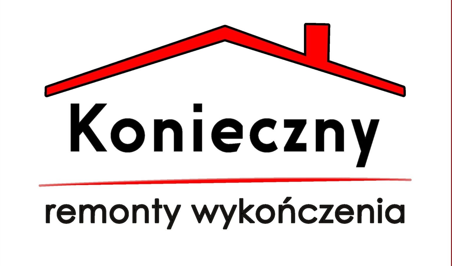 Logo firmy remontowo-wykończeniowej 'Konieczny' z czerwonym obrysem dachu domu nad nazwą i podkreśleniem pod napisem 'remonty wykończenia'.