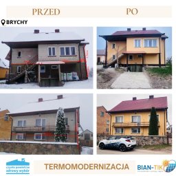 BIAN-TIKO MACIEJ KIERZNOWSKI - Termomodernizacja domu: porównanie 'przed' (szary, nieocieplony) i 'po' (ocieplony, pomalowany na żółto), z wymiarami na zdjęciu 'przed'.