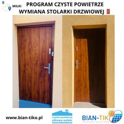 BIAN-TIKO MACIEJ KIERZNOWSKI - Wymiana stolarki drzwiowej w ramach programu Czyste Powietrze: porównanie drzwi przed i po montażu, z widocznymi detalami wykończenia i kolorystyką brązowego drewna.