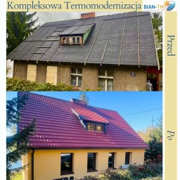 BIAN-TIKO MACIEJ KIERZNOWSKI - Dom przed i po termomodernizacji: czarna papa na dachu i surowy tynk kontra czerwona dachówka i ocieplona, pomalowana fasada. Widok z boku, w słoneczny dzień.