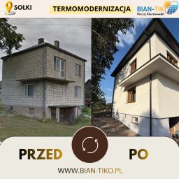 BIAN-TIKO MACIEJ KIERZNOWSKI - Termomodernizacja domu: porównanie 'przed' i 'po'. Budynek z surowego muru kontra ocieplony, otynkowany, z nową stolarką okienną i elewacją w jasnym kolorze.