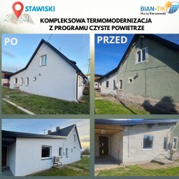 BIAN-TIKO MACIEJ KIERZNOWSKI - Kompleksowa termomodernizacja domu z programu Czyste Powietrze, prezentująca stan 'przed' z uszkodzoną elewacją i 'po' z nową, białą elewacją. Widoczne zmiany w oknach i otoczeniu.