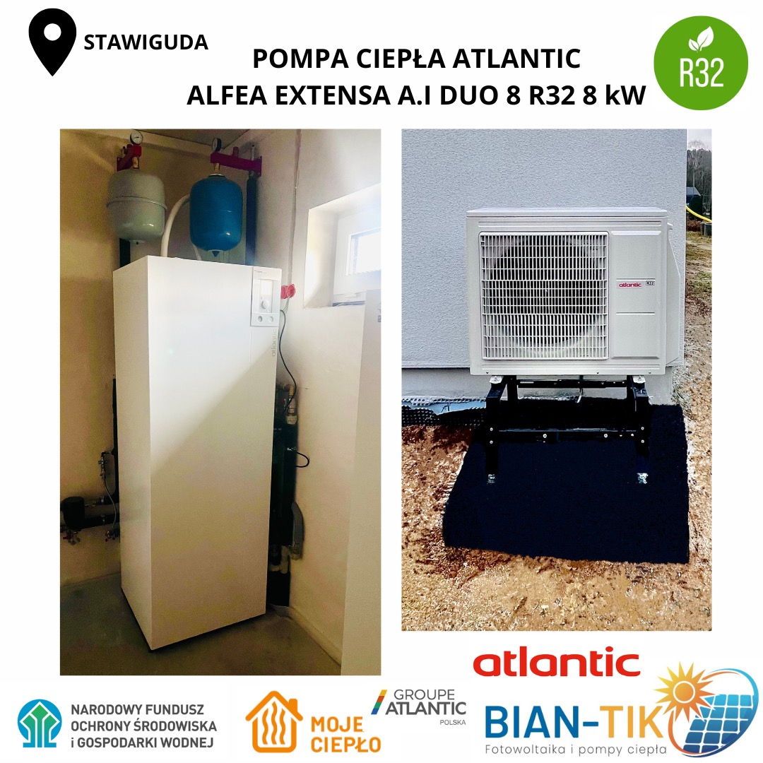 Pompa ciepła Atlantic Alfea Extensa A.I Duo 8 R32 8 kW: jednostka wewnętrzna z zbiornikami i zewnętrzna przy ścianie budynku. Kompletna instalacja.
