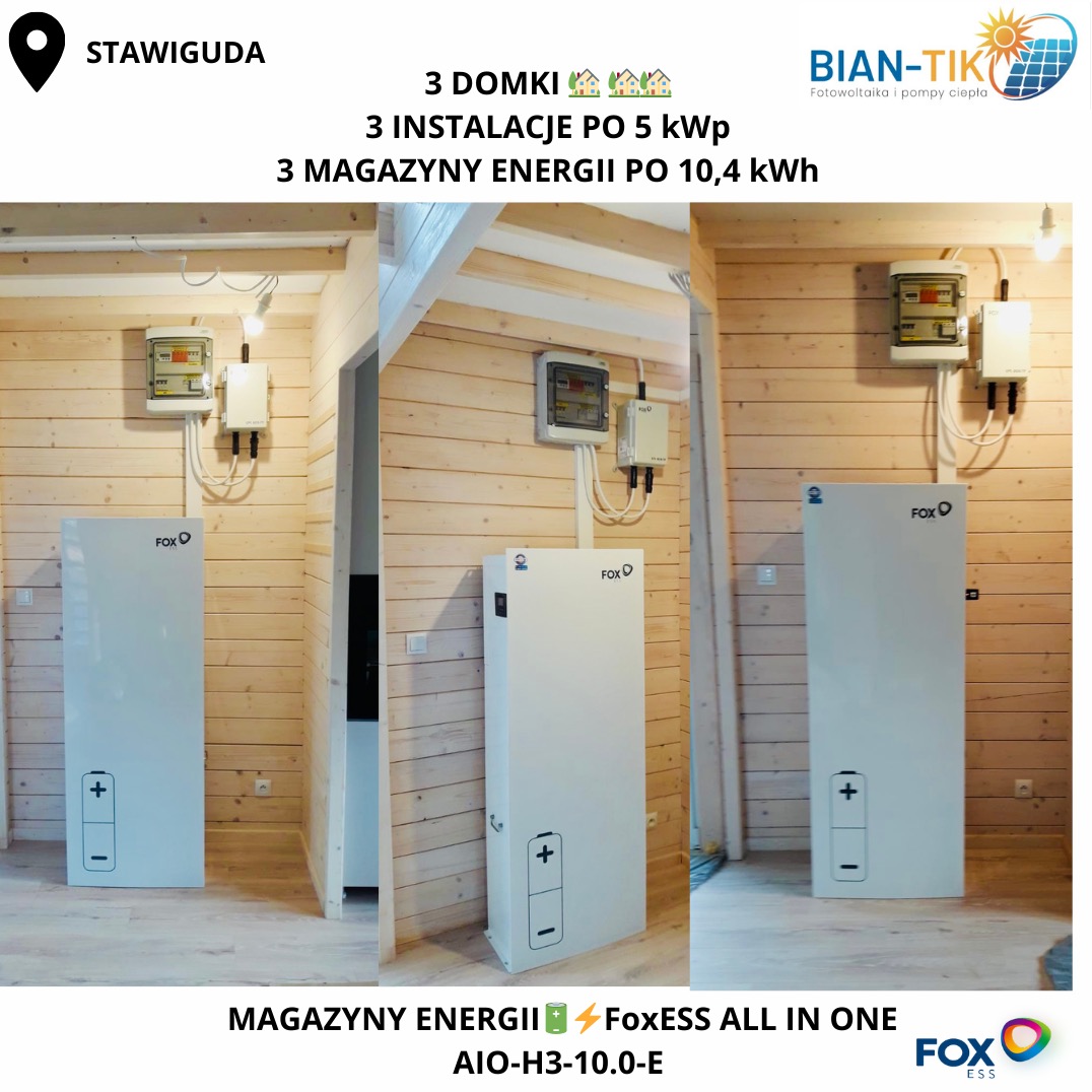 Montaż magazynu energii FoxESS All in One AIO-H3-10.0-E w drewnianym wnętrzu. Widoczne trzy instalacje po 5 kWp, zlokalizowane w Stawigudzie.