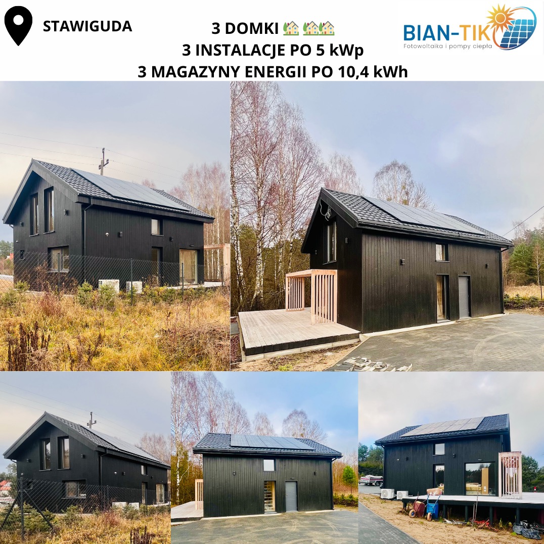 Czarne domy z panelami słonecznymi na dachu, prezentowane w kolażu zdjęć z różnej perspektywy. Widoczne elementy architektury i otoczenia.