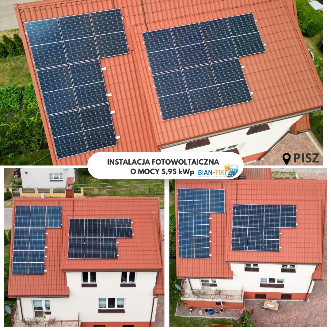 Instalacja fotowoltaiczna o mocy 5.95 kW na dachu domu z czerwoną dachówką, widok z góry. Panele w układzie prostokątnym. Logo firmy w rogu.