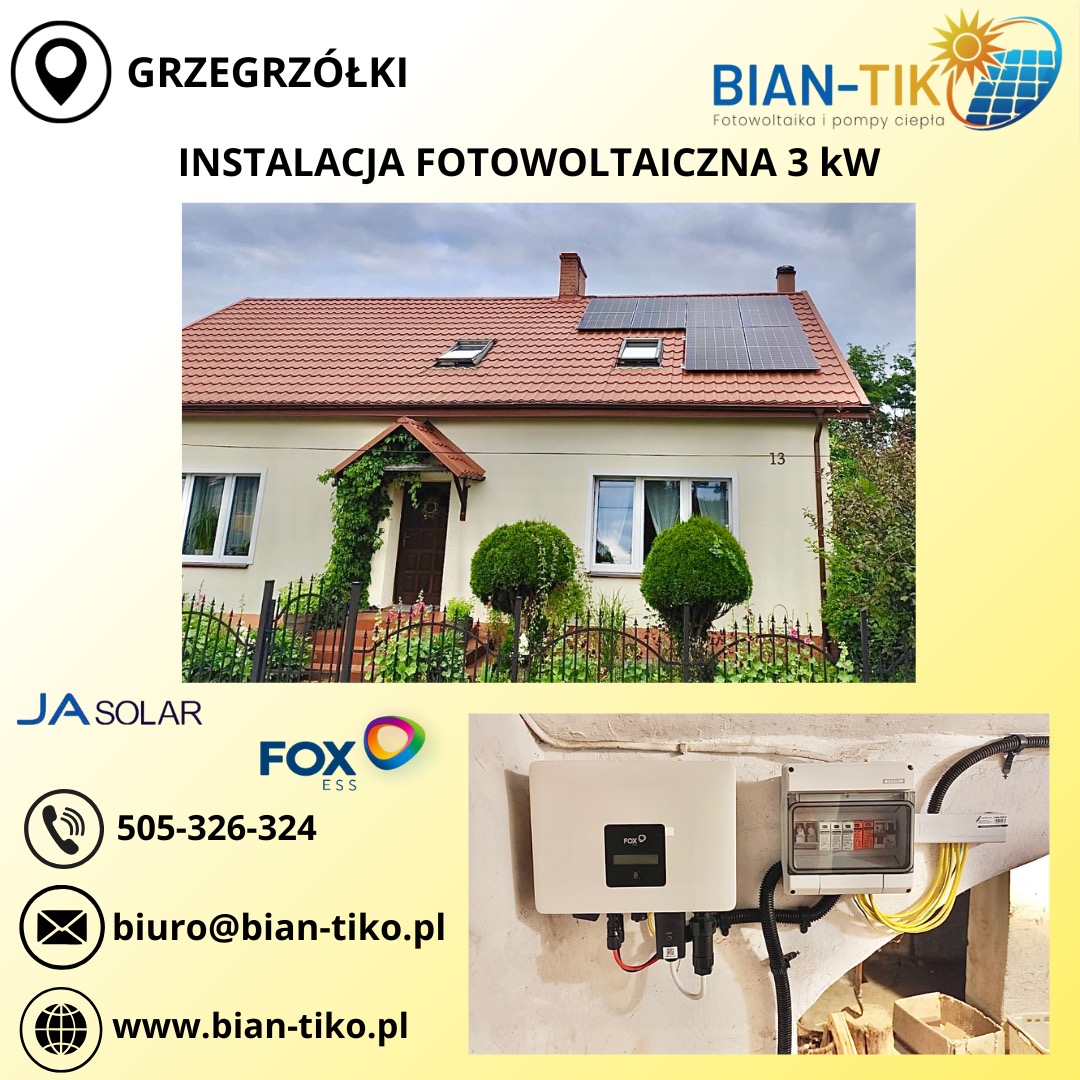 Instalacja paneli fotowoltaicznych 3kW na dachu domu jednorodzinnego. Widoczny inwerter i rozdzielnia. Logo firmy Bian-Tik. Numer telefonu i adres e-mail.