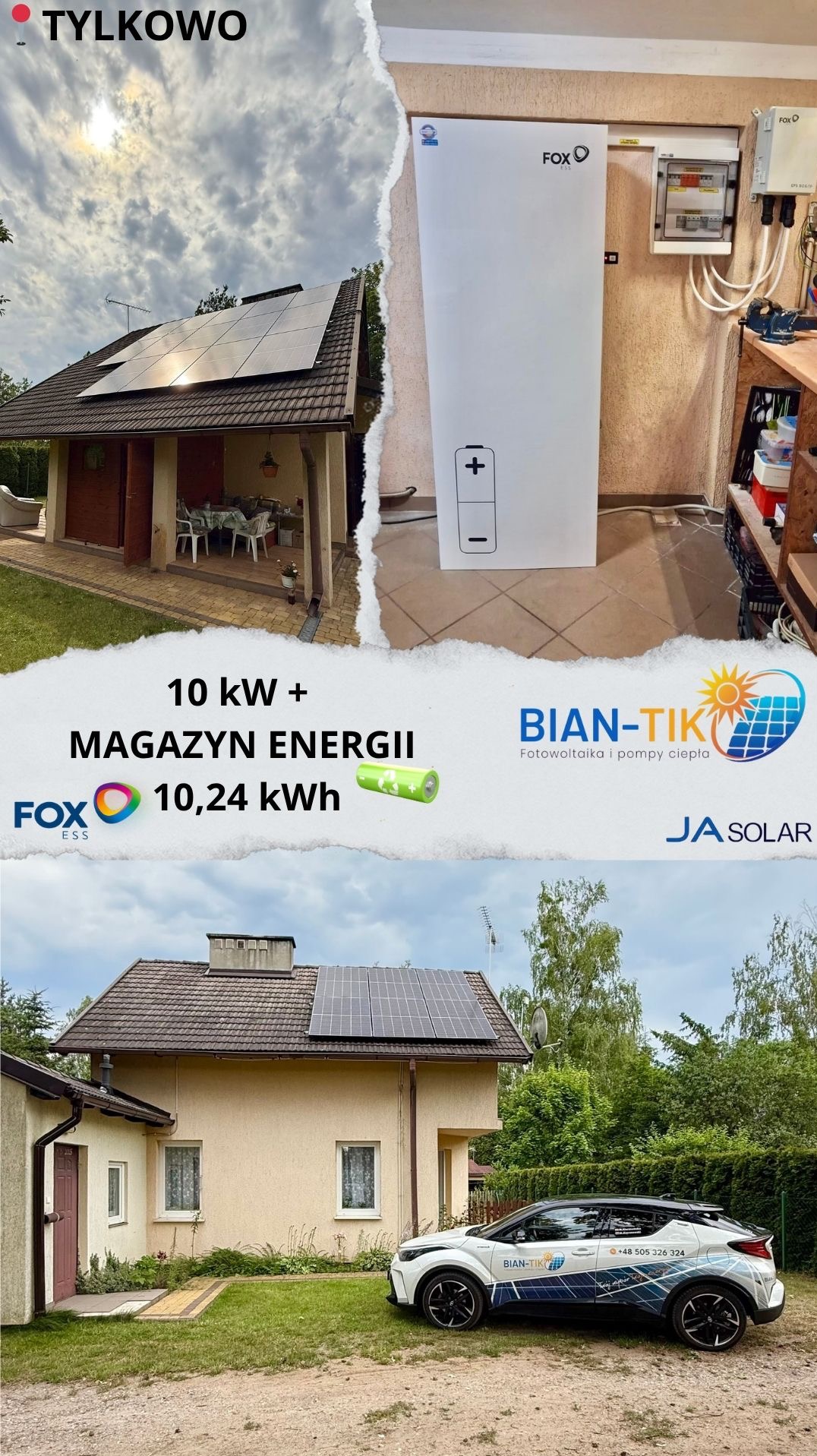 Fotokompozycja: dom z panelami słonecznymi na dachu, magazyn energii FoxESS, logo firmy BIAN-TIK na samochodzie. Energia słoneczna i czysta energia.