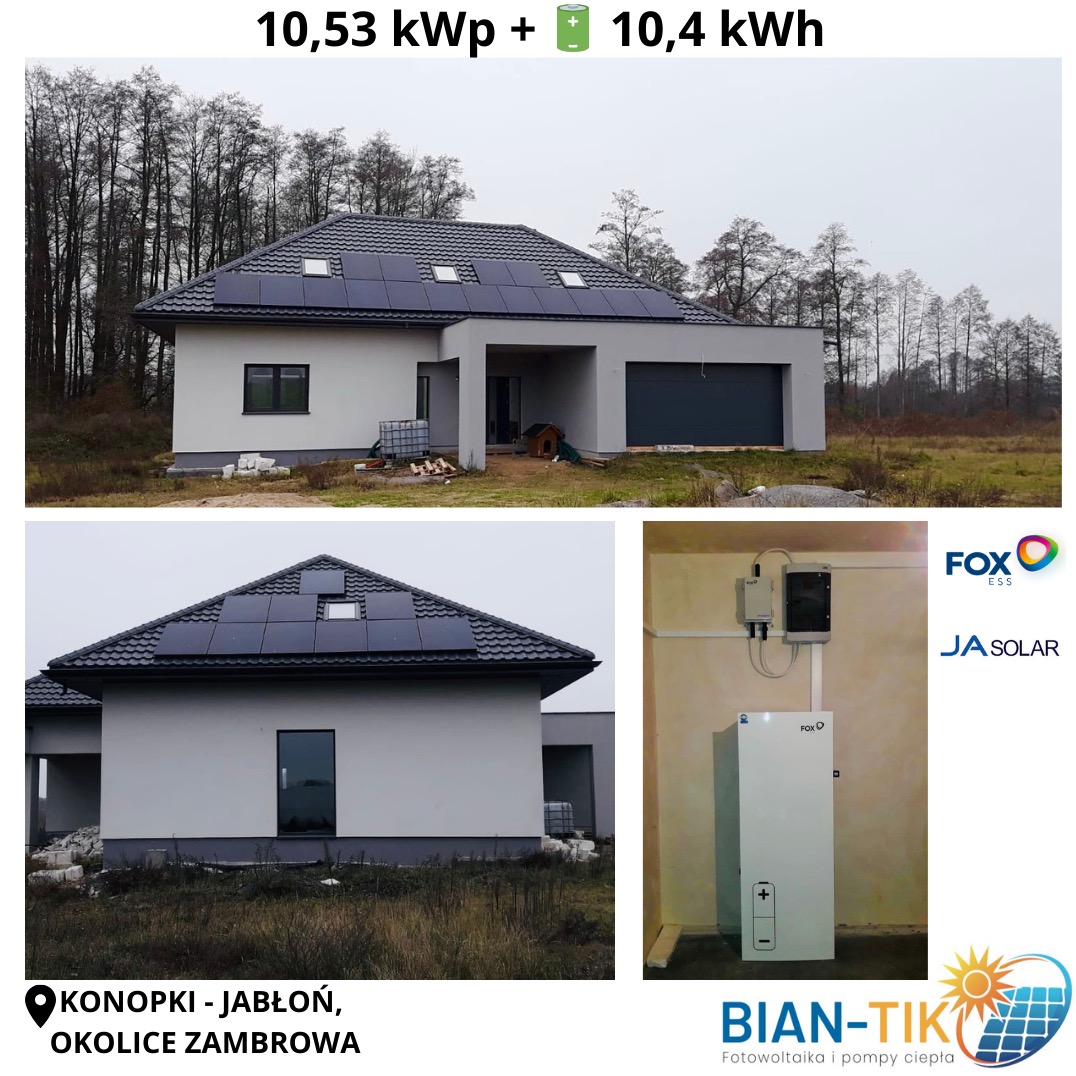 Dom jednorodzinny z panelami fotowoltaicznymi na dachu i magazynem energii. System FOX ESS i JA Solar. Konopki-Jabłoń, okolice Zambrowa.