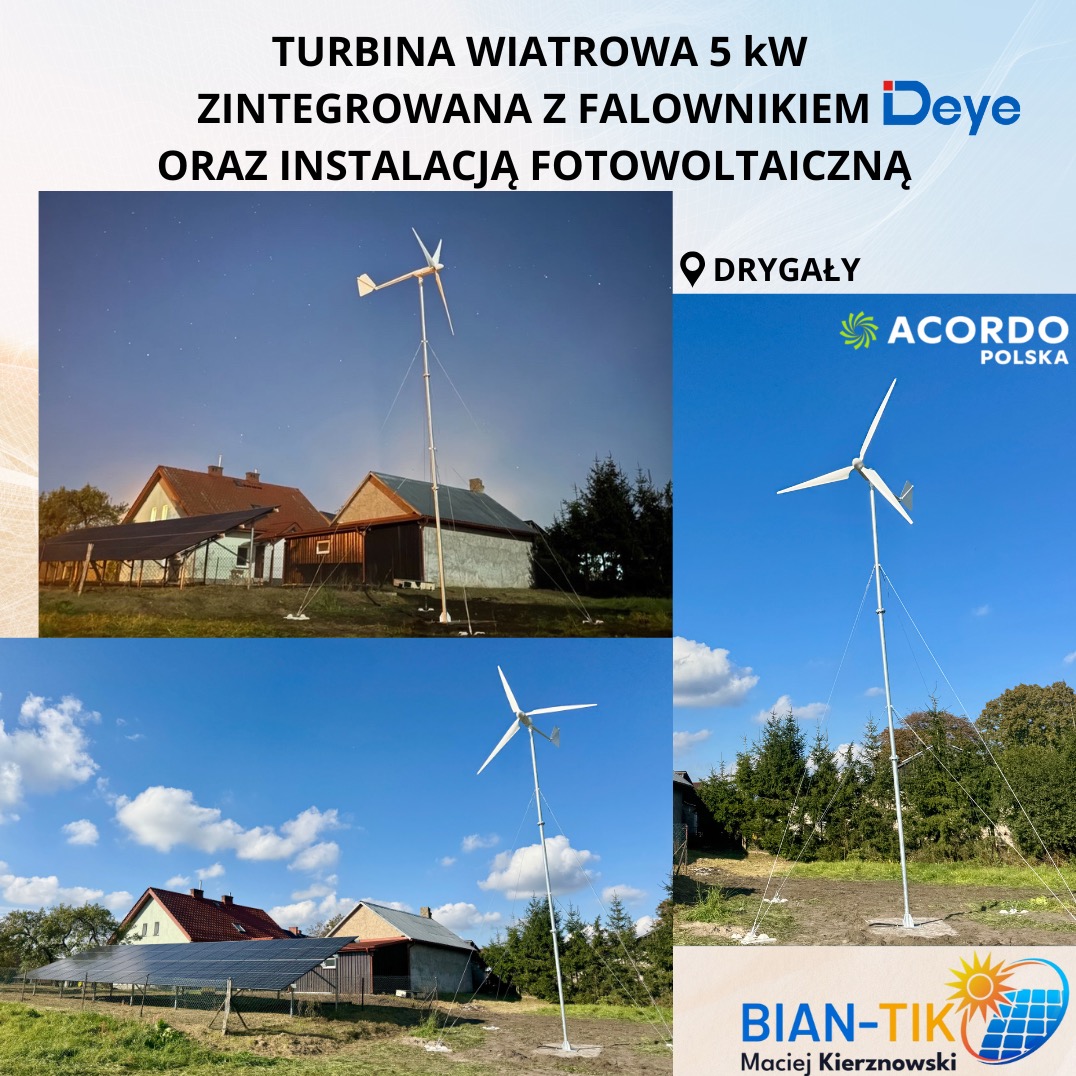 Turbina wiatrowa 5kW zintegrowana z falownikiem i instalacją fotowoltaiczną. Widok turbiny w różnych warunkach oświetleniowych na tle budynków i zieleni.
