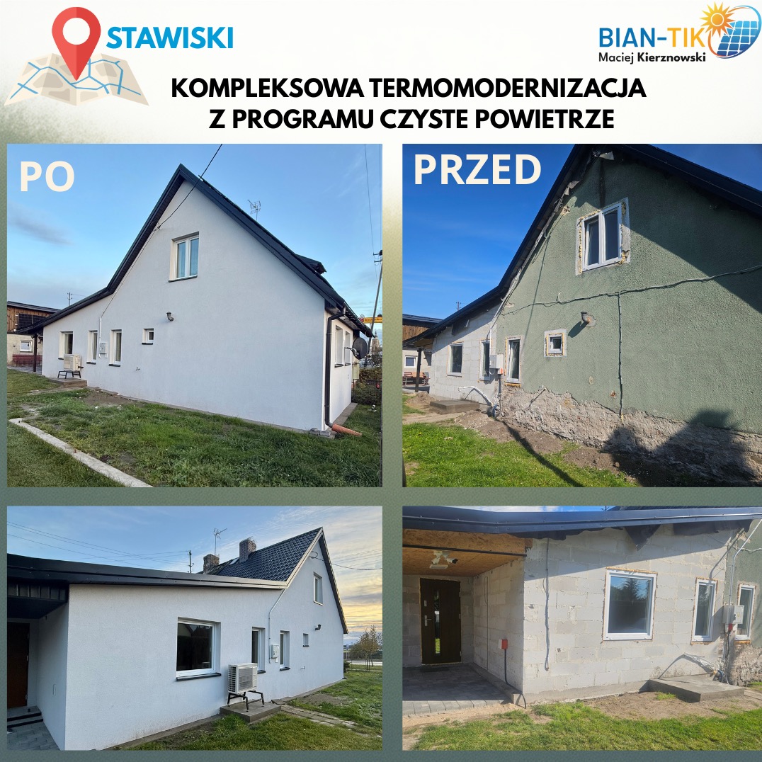 Kompleksowa termomodernizacja domu z programu Czyste Powietrze, prezentująca stan 'przed' z uszkodzoną elewacją i 'po' z nową, białą elewacją. Widoczne zmiany w oknach i otoczeniu.