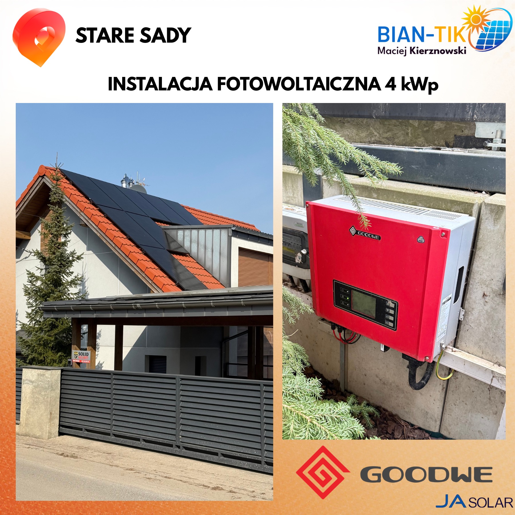 Instalacja fotowoltaiczna 4kWp na dachu domu jednorodzinnego, widoczny falownik Goodwe. Ujęcie z poziomu ulicy, w tle błękitne niebo.