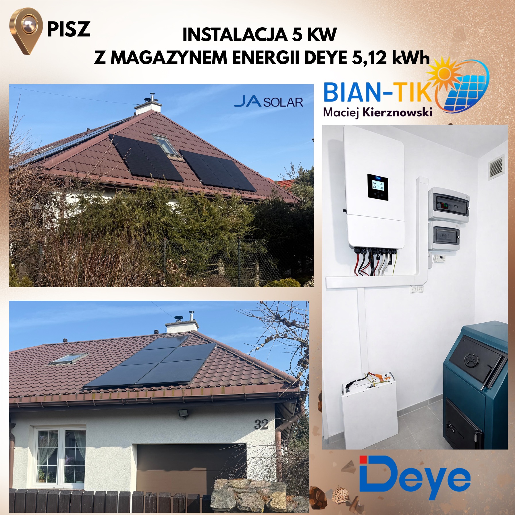 Instalacja fotowoltaiczna 5kW z magazynem energii Deye 5,12 kWh na dachu domu jednorodzinnego. Widoczny inwerter i rozdzielnia wewnątrz budynku.