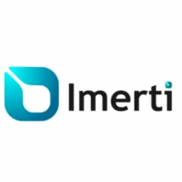 Eleganckie logo firmy Imerti: gradientowy, turkusowy symbol graficzny i czarny napis na białym tle. Minimalistyczny design.